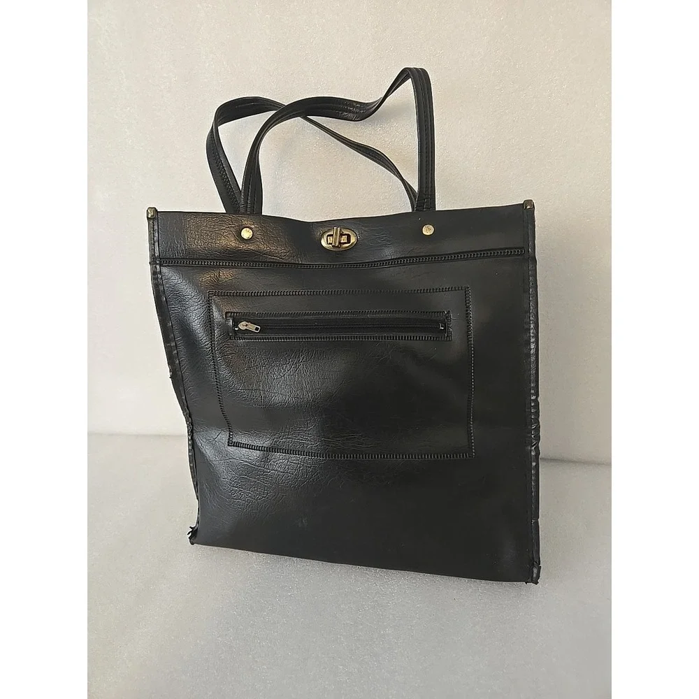 Vintage Black Lady's Faux Leather Tote Bag with Turnlock‎ Closure